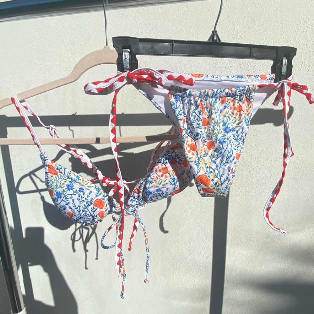 Cottagecore Blue & Orange Floral String Bikini Set Size Medium